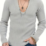 Riolio Slim Solid Knitted Sweater, Men's Casual Warm Slightly Stretch V Neck Pullover Sweater For Men Fall Winter