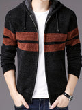 Riolio Men's Cardigan Sweater Stripe Pattern Drawstring Hooded Teddy Lined Full Zip Up Cardigan For Fall, Winter, Casual