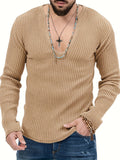 Riolio Slim Solid Knitted Sweater, Men's Casual Warm Slightly Stretch V Neck Pullover Sweater For Men Fall Winter