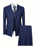 Riolio Formal 3pcs Set, Men's Retro Plaid Suit Jacket & Single Breasted Vest & Pants Suit Set For Business Dinner Wedding Party