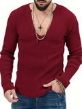 Riolio Slim Solid Knitted Sweater, Men's Casual Warm Slightly Stretch V Neck Pullover Sweater For Men Fall Winter