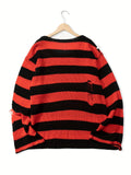 Riolio All Match Knitted Ripped Striped Sweater, Men's Casual Warm Slightly Stretch Crew Neck Pullover Sweater For Fall Winter