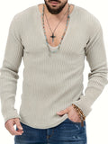 Riolio Slim Solid Knitted Sweater, Men's Casual Warm Slightly Stretch V Neck Pullover Sweater For Men Fall Winter