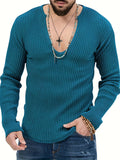 Riolio Slim Solid Knitted Sweater, Men's Casual Warm Slightly Stretch V Neck Pullover Sweater For Men Fall Winter