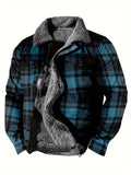 Riolio Men's Warm Fleece Zip Up Coat, Casual Lapel Plaid Retro Warm Thick Jacket For Fall Winter