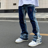 Riolio Vintage Distressed Splash Ink Flare Jeans Mens Streetwear Patchwork Hip Hop Graffiti Heavy Wash Blue Slim Fit Denim Pants Men