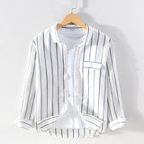 striprd Long Leeve Shirt for Men Cotton Linen Turn-down Collar Tops Male Fashion Casual Button Up Vintage Clothing