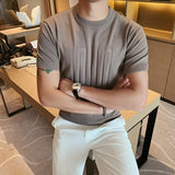 British style Summer Solid Short Sleeve Knitted T-shirt Men Fashion O-Neck Stripe Slim Fit Tee High Quality Men Clothing 6Colors