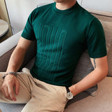 British style Summer Solid Short Sleeve Knitted T-shirt Men Fashion O-Neck Stripe Slim Fit Tee High Quality Men Clothing 6Colors