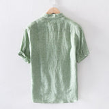 Riolio 100% Pure Linen Men Short Sleeve Shirts Casual Fashion Green Pink Plaid Shirt Turn-down Collar Man Summer Tops