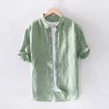 Riolio 100% Pure Linen Men Short Sleeve Shirts Casual Fashion Green Pink Plaid Shirt Turn-down Collar Man Summer Tops