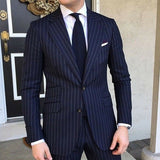 2 Piece Pinstripe Men's Suit Slim Fit for Formal Wedding Tuxedo Notched Lapel Navy Blue Striped Business Groom Male Fashion