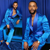 Riolio New Fashion Satin Men Suits Chic Royal Blue Shawl Lapel Male Blazer Party Prom Wedding Tuxedo Casual Slim Fit Suit 2 Piece