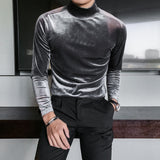 Riolio Autumn Winter Mens Half High Collar Long Sleeve T Shirts High Quality Velvet Stretched Slim Fit Solid Color T-Shirts Homme