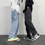 Riolio Men Jean Pants Japanese Retro Washed Straight Wide-Leg Jeans Loose Big Pocket Couple Hip Hop Street Denim Pants Male