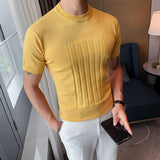 British style Summer Solid Short Sleeve Knitted T-shirt Men Fashion O-Neck Stripe Slim Fit Tee High Quality Men Clothing 6Colors