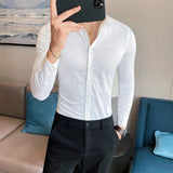 Korean Fashion Tight and Small Design Men Shirt Casual Button Down Long Sleeve White Black Green Shirts