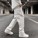 Riolio Hip Hop White Straight Ripped Casual Mens Jeans Pants Both Side Tassel Wide Leg Streetwear Denim Trousers Oversized