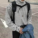 Riolio Spring Autumn Turtleneck Striped T-shirts Men Slim Fit Casual All-match Undershirts Long Sleeve Tops Couples Korean Fashion Tees