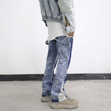 Riolio Vintage Distressed Splash Ink Flare Jeans Mens Streetwear Patchwork Hip Hop Graffiti Heavy Wash Blue Slim Fit Denim Pants Men