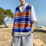 Riolio Stripe Sweater Vest Men Fashion Retro Casual V-neck Sweater Vest Men Streetwear Korean Loose Vest Sweater Pullover Mens Clothes