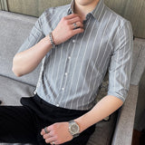 Summer Korea Style Handsome Fashion Mens Shirts Button Down Slim Fit Half Sleeve Striped Shirts 4XL 5XL