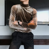 Riolio Autumn Winter Mens Half High Collar Long Sleeve T Shirts High Quality Velvet Stretched Slim Fit Solid Color T-Shirts Homme