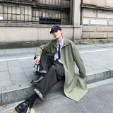 Riolio Green Black Trench Coat Men's Fashion Oversized Long Coat Men Streetwear Loose Windbreaker Jacket Mens Overcoat M-2XL