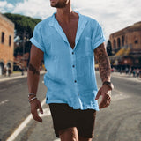 Mens Linen Blouse Short Sleeve Baggy Buttons Summer Solid Comfortable Pure Cotton And Linen Casual Loose Holiday Shirts Tee Tops