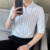 Summer Korea Style Handsome Fashion Mens Shirts Button Down Slim Fit Half Sleeve Striped Shirts 4XL 5XL