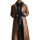 Men's Leather Trench Coat Vintage British Style Windbreaker Handsome Solid Color Slim-fit Overcoat Long Jacket Plus Size S-5XL