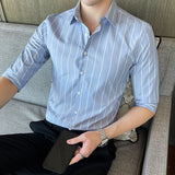 Summer Korea Style Handsome Fashion Mens Shirts Button Down Slim Fit Half Sleeve Striped Shirts 4XL 5XL