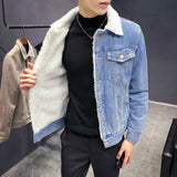 Riolio New Winter's Men's Fashion Fleece Thick Pure Color Casual Denim Jacket Male Cotton Slim Vintage Jackets Men Coats