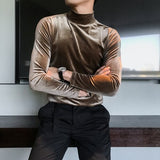 Riolio Autumn Winter Mens Half High Collar Long Sleeve T Shirts High Quality Velvet Stretched Slim Fit Solid Color T-Shirts Homme