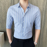 Summer Korea Style Handsome Fashion Mens Shirts Button Down Slim Fit Half Sleeve Striped Shirts 4XL 5XL