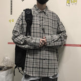 Riolio Korean ins versatile Plaid loose oversize long sleeve shirt for men and camisa masculina gray shirts