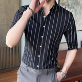 Summer Korea Style Handsome Fashion Mens Shirts Button Down Slim Fit Half Sleeve Striped Shirts 4XL 5XL