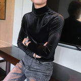 Riolio Autumn Winter Mens Half High Collar Long Sleeve T Shirts High Quality Velvet Stretched Slim Fit Solid Color T-Shirts Homme