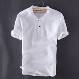 Riolio Mens Pullover Linen Shirts Short Sleeve Summer Breathable Mens Quality Casual Shirts Slim fit Solid Cotton Shirts Men TS-150