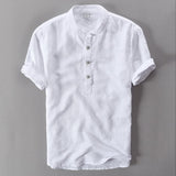 Riolio Mens Pullover Linen Shirts Short Sleeve Mens Quality Casual Shirts Slim fit Solid Mandarin Collar Cotton Shirts Men