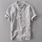 Riolio Mens Pullover Linen Shirts Short Sleeve Mens Quality Casual Shirts Slim fit Solid Mandarin Collar Cotton Shirts Men