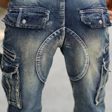 Summer Mens Retro Cargo Denim Shorts Vintage Acid Washed Faded Multi-Pockets Military Style Biker Short Jeans for Men