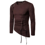 Newest men side lacing up punk hip hop long sleeve irregular hem design slim tees tops man street gothic style clothing