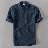 Riolio Mens Pullover Linen Shirts Short Sleeve Mens Quality Casual Shirts Slim fit Solid Mandarin Collar Cotton Shirts Men