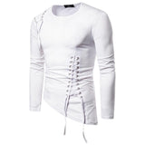 Newest men side lacing up punk hip hop long sleeve irregular hem design slim tees tops man street gothic style clothing