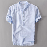 Riolio Mens Pullover Linen Shirts Short Sleeve Mens Quality Casual Shirts Slim fit Solid Mandarin Collar Cotton Shirts Men