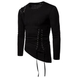 Newest men side lacing up punk hip hop long sleeve irregular hem design slim tees tops man street gothic style clothing