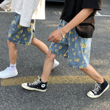 Riolio Summer Cotton Denim Shorts Men's Fashion Casual Flowers Denim Shorts Men Streetwear Korean Loose Drawstring Denim Shorts Mens