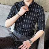 Summer Korea Style Handsome Fashion Mens Shirts Button Down Slim Fit Half Sleeve Striped Shirts 4XL 5XL