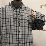 Riolio Korean ins versatile Plaid loose oversize long sleeve shirt for men and camisa masculina gray shirts